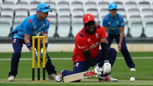 BCEW: Moshfique looks to sweep watched by Luke, keeping, and Laura in the background at the last Lords event