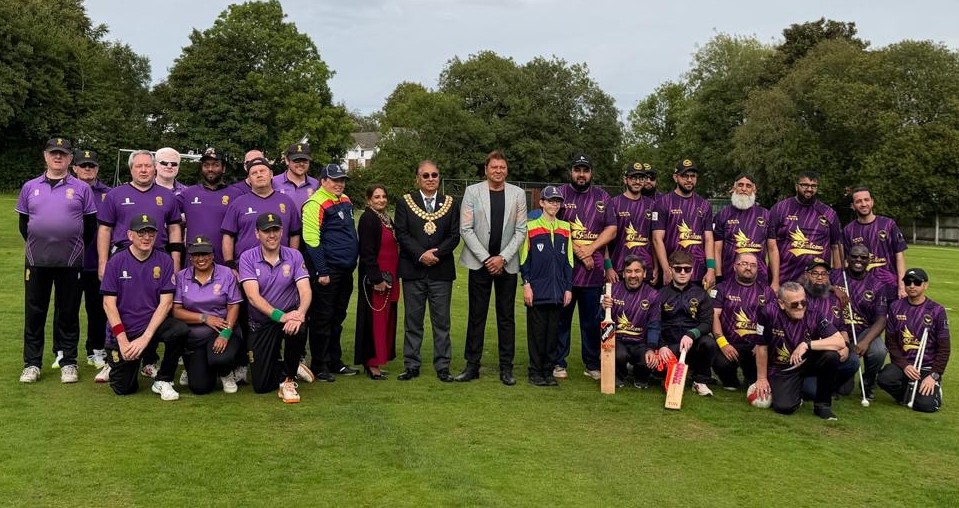 Greater Manchester Falcons Win Second Northern Development T20 Cup Final The teams Cheshire Cobras and Greater Manchester Falcons flank the umpires and guests the Mayor of Bolton, local MP & Tariq Mahmood, the Ex-Pakistan international cricketer.